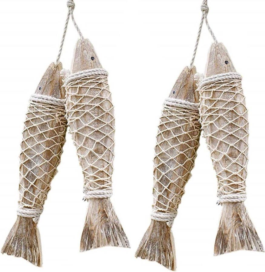 Pakket van 4 houten visdecoratie ornamenten om op te hangen met de hand gesneden wandkunst voor thuis binnen buiten patio veranda kantoor nautisch wandstrandthema (S)