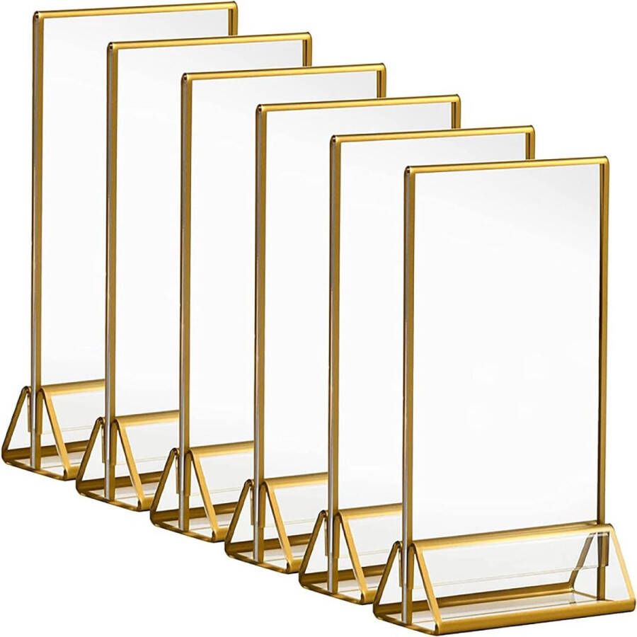 Pakket van 6 Acryl Standaarden met Gouden Randen en Verticale Standaard. Dubbelzijdige Tafelmenu Display Standaard met Gouden Dubbelzijdig Fotolijst voor Restaurantborden Bruiloftstafelnummers en Foto's