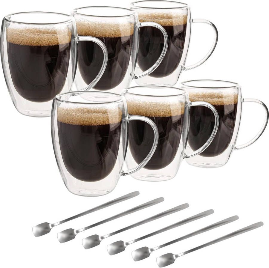 Pakket van 6 dubbelwandige glazen koffieglazen 350 ml thermoglazen dubbelwandig geïsoleerd met handvatten Borosilicaatglas koffiekopjes voor thee koffie cappuccino en latte koffie