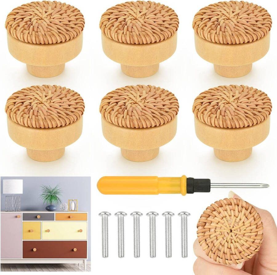 Pakket van 6 Rotan Meubelknoppen Natuurlijke Kastknoppen met Schroeven Houten Meubelknoppen Boho Decoratie Ladekast voor Handvatten Ladekast Lades Woonkamer (6 Stuks Rotan)