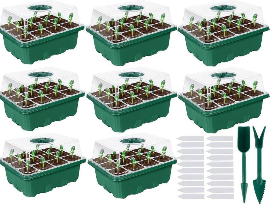 Pakket van 8 binnenkas kweekbox zaadstartbak 96 cellen mini broeikasvoortplantingsset zaailingstartbakken mini kweekbak voor zaailingplant (groen)