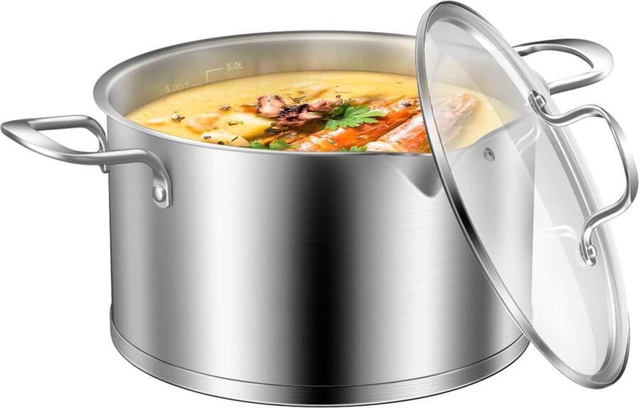 Pan 24 cm inductie kookpan van roestvrij staal 5 liter met glazen deksel om af te gieten stoomgat maatschaal schenktuit ovenbestendig vaatwasmachinebestendig