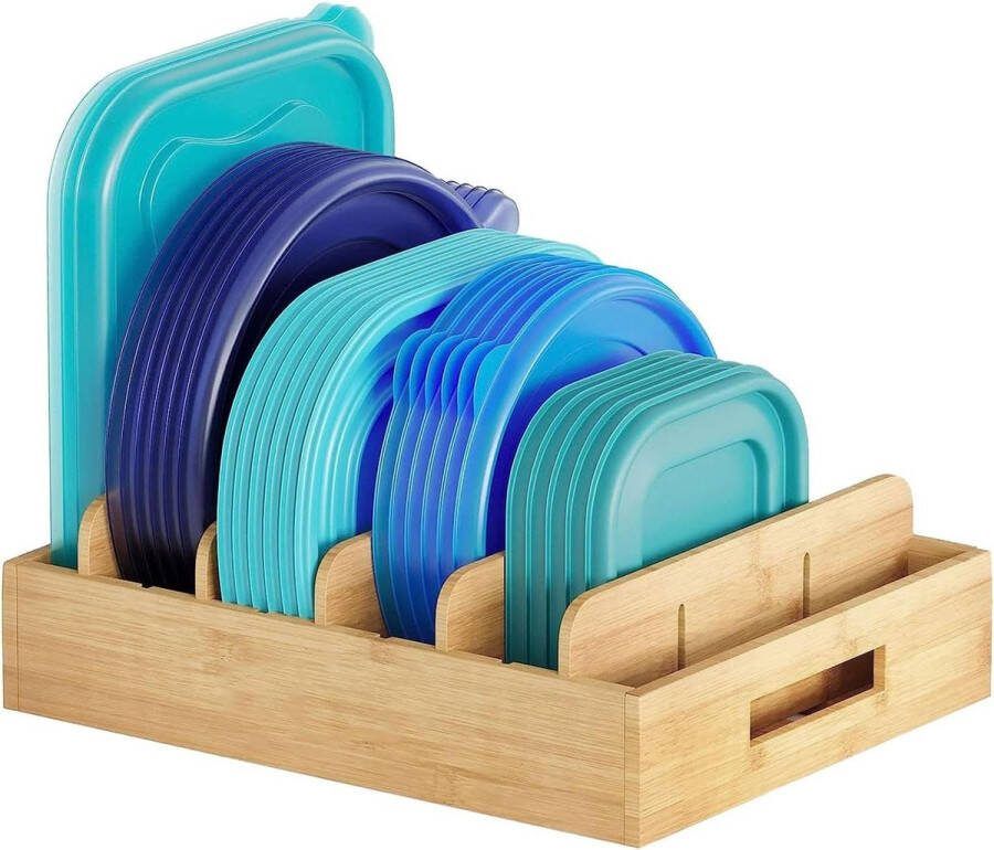 Pannendeksel opslag deksel organizer Bamboe keuken pannendekselhouder lade Bordenstandaard hout keukenorganizer met 5 verstelbare scheidingswandgrepen Pannenorganizer lade