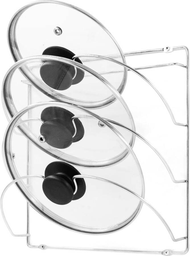 Pannendekselhouder met 3 vakken wandmontage of kastdeur dekselhouder voor pannendeksel 2-in-1 zelfklevend zonder boren of schroeven dekselstandaard keukenaccessoires chroom