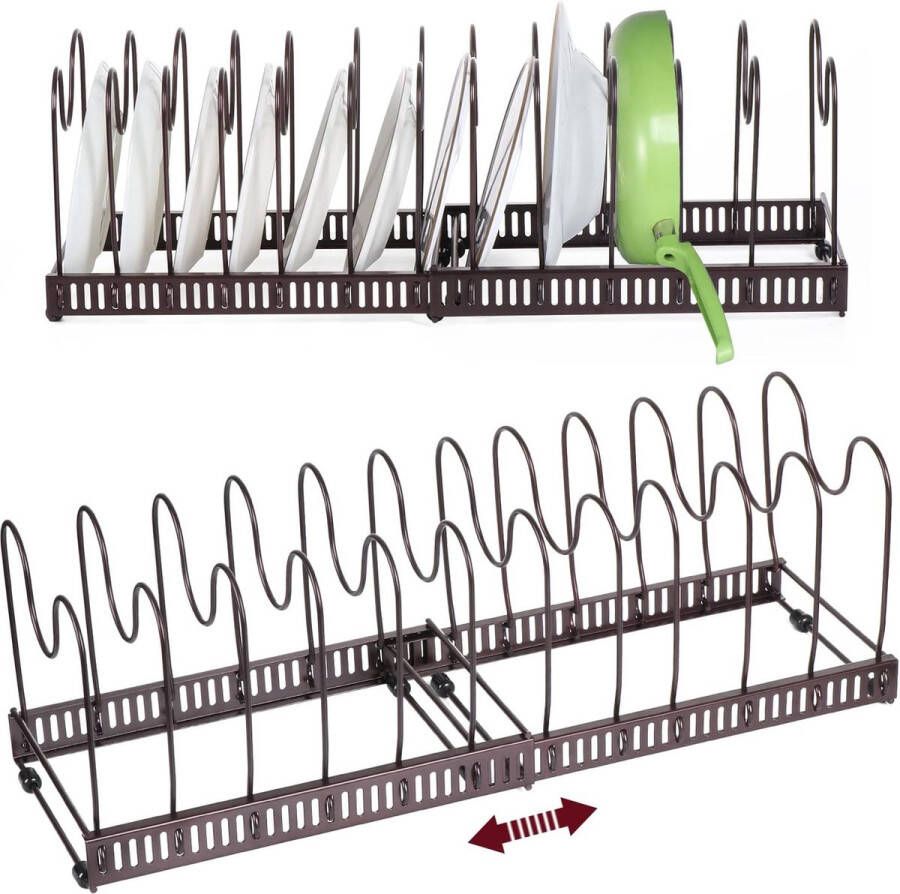 Pannenhouder voor lade pannendekselhouder uitbreidbare pannenorganizer met 12 verstelbare verdelers dekselhouder voor laden pannenhouder voor potten en deksels (brons)