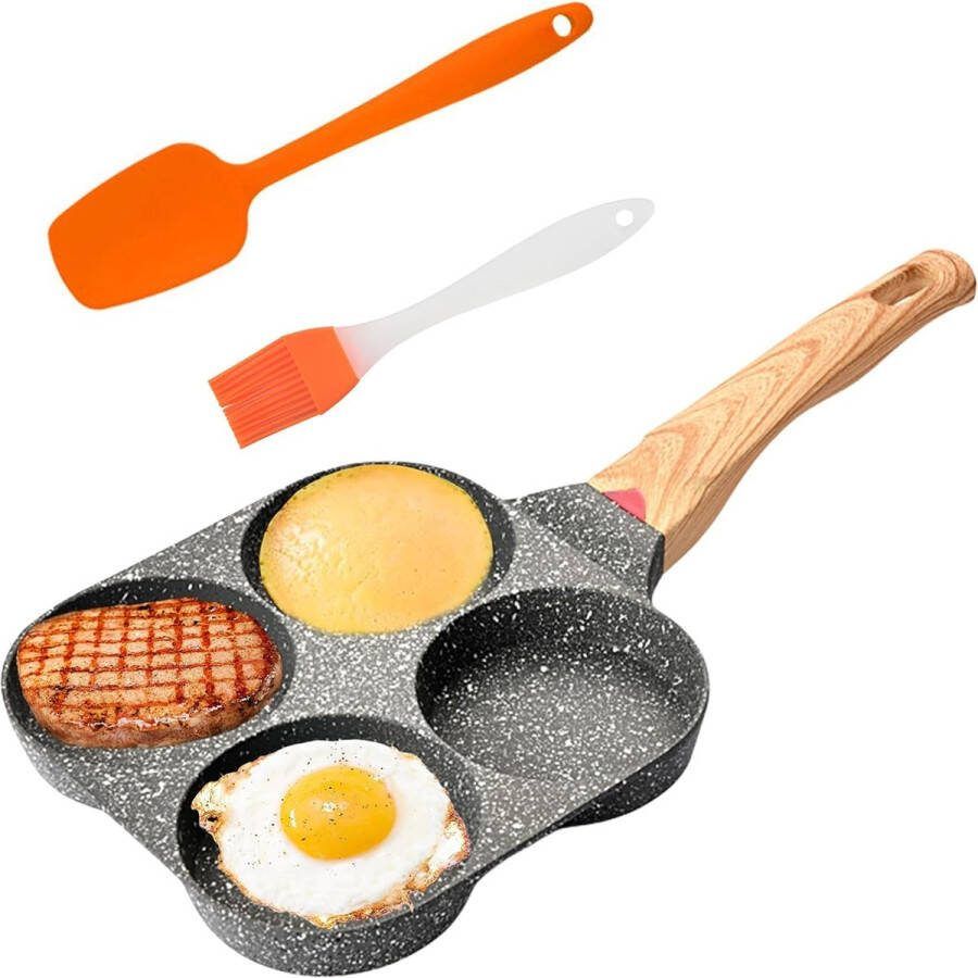 Pannenkoekenpan 4 gaten: Gebakken eierpan Antiaanbakpan Inductie 4 gaten Oogpan Pannenkoekenpan met spatel en siliconenborstel voor pannenkoeken Gebakken ei voor inductie en gasfornuis