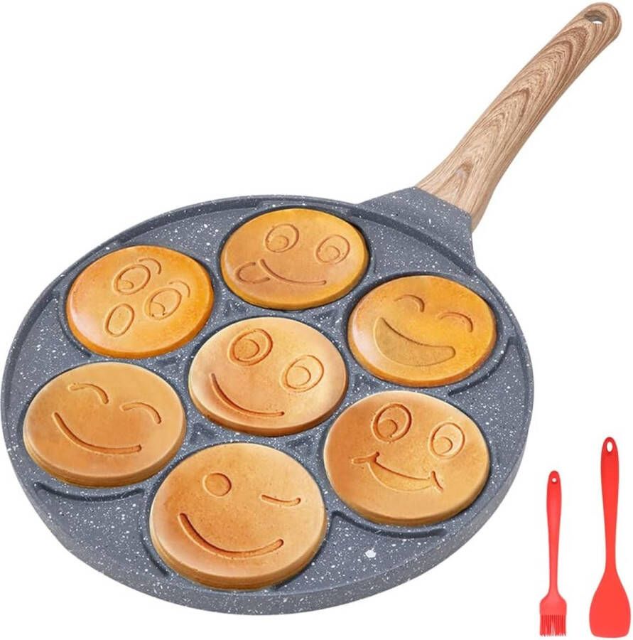 Pannenkoekenpan inductie pannenkoekenmaker met antiaanbaklaag 7 gaten met smileygezichten gebakken eierpan voor kinderontbijt 26 cm zwart