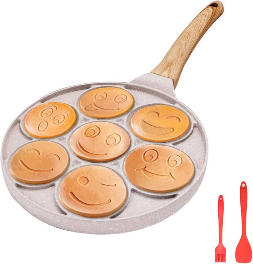 Pannenkoekenpan inductie pannenkoekmaker met antiaanbaklaag 7 gaten met smileygezichten gebakken eierpan voor kinderontbijt 26 cm wit