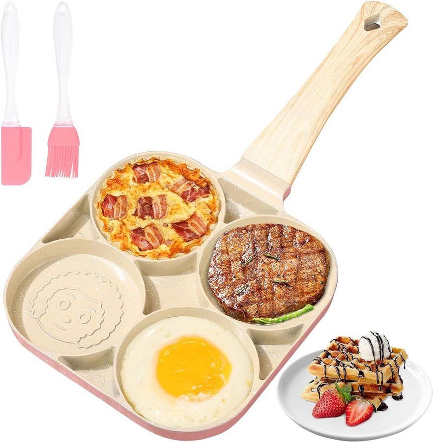 Pannenkoekenpan met 4 gaten met cartoonpatroon anti-aanbakpan met borstel en schraper universeel voor inductiekookplaat en gasfornuis (melkachtig wit)