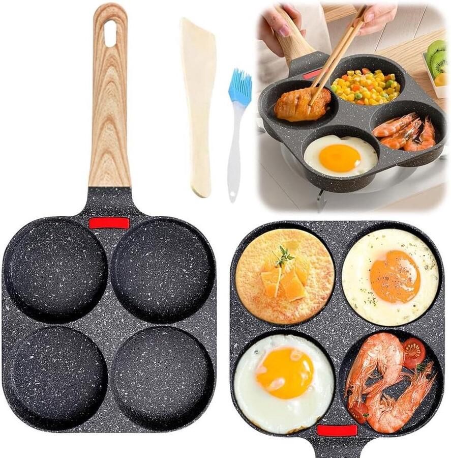 4 gaten spiegeleipan pannenkoekenpan aluminium pan met houten handvat anti-aanbaklaag ontbijt spiegelei hamburger inductie en gasfornuis borstel en schep keukengereedschap Poffertjes pan