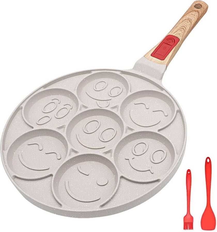 Pannenkoekenpan pannenkoekenmaker met antiaanbaklaag 7 gaten met afneembaar handvat gebakken eierpan voor kinderontbijt 26 cm wit