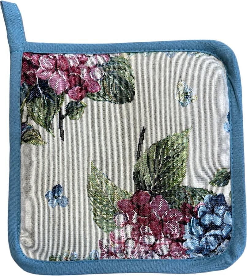 Pannenlap Gobelinstof Ciano Hortensia Blauwe en roze bloemen