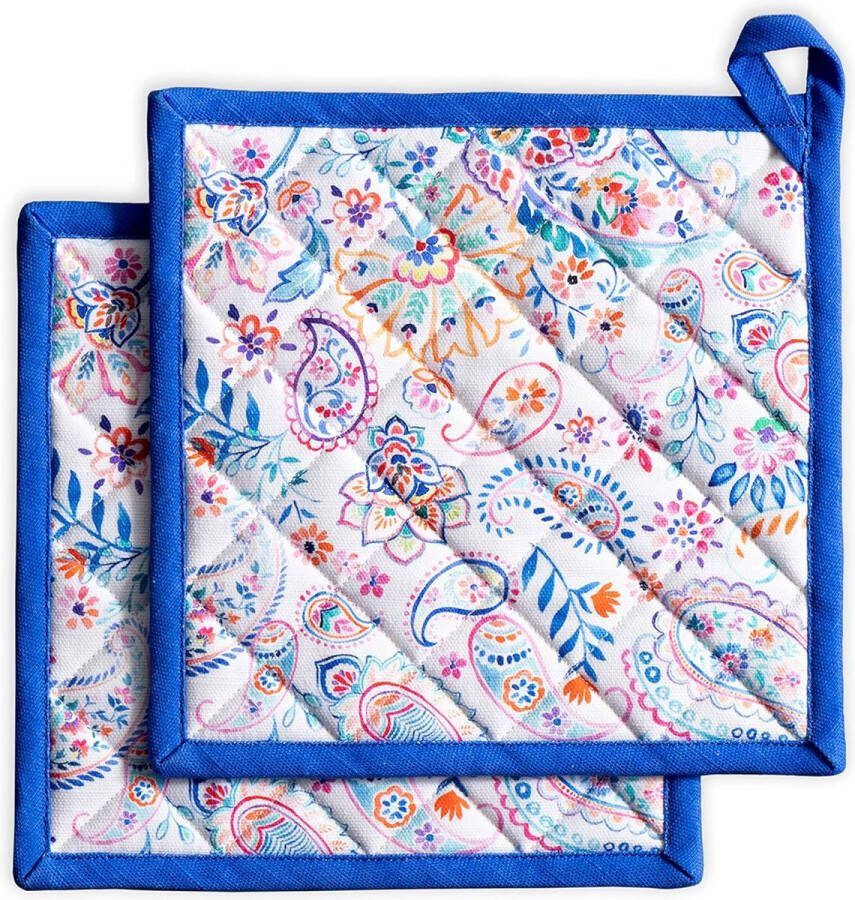 Pannenlappen 100% katoen hittebestendig set met 2 hotpads met strik voor moederdagcadeau grillen omgaan met hete pannen Indiase bloemen lente zomer (20 cm x 20 cm)
