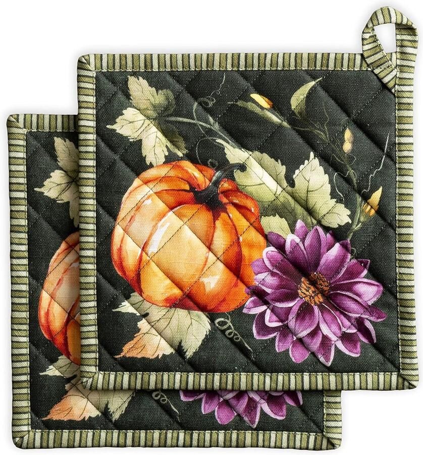 Pannenlappen 100% katoen hittebestendig set van 2 pannenlappen met lus (20 x 20 cm) voor grillen Pumpkin Garden Donkergroen kerst feestdagen
