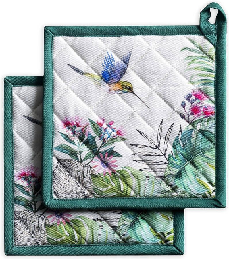 Pannenlappen 100% katoen set van 2 (20 cm x 20 cm) hotpads hittebestendig met strik-pannenhouder voor bakken grillen thuis tropiques lente zomer