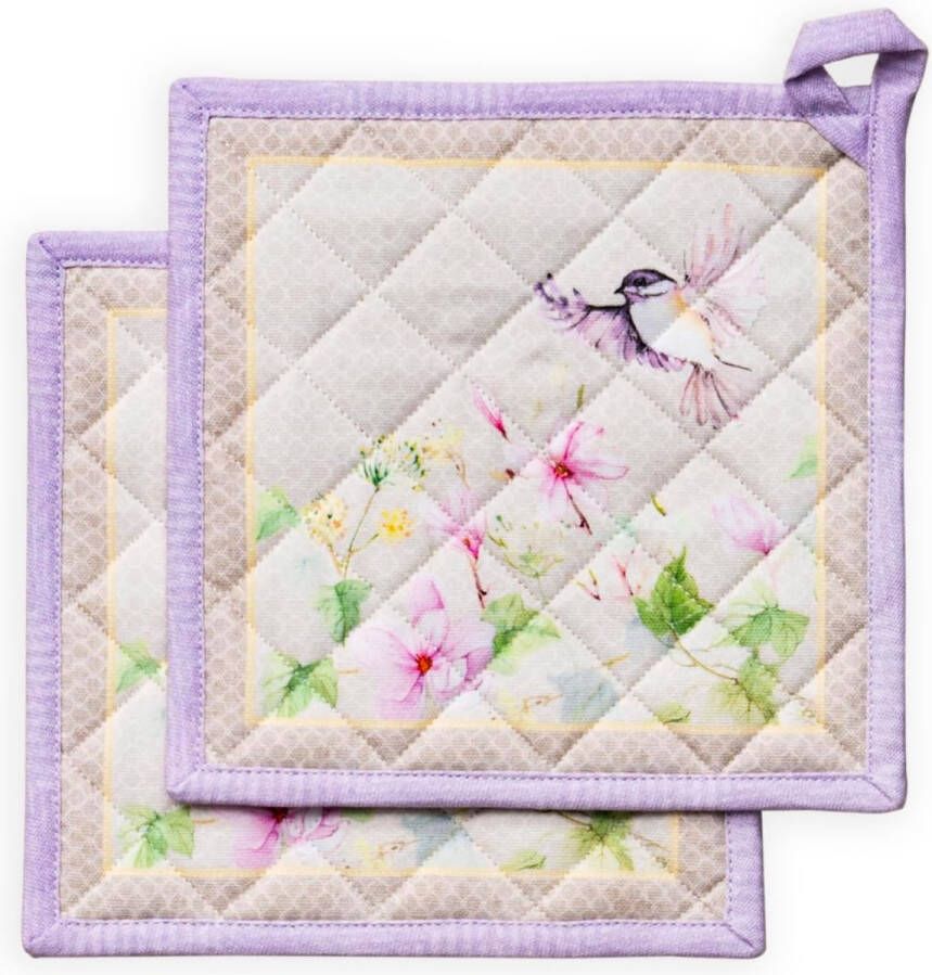 Pannenlappen 100% katoen set van 2 hittebestendige pannenlappen met lus voor moederdag barbecue Magnolia Mornings lente zomer (20 x 20 cm)