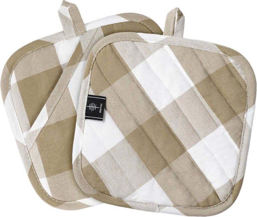 Pannenlappen katoenen pannenonderzetters set van 2 hittebestendige antislip pannenlappen voor koken bakken keukenaccessoires bruin geruit 21 x 21 cm