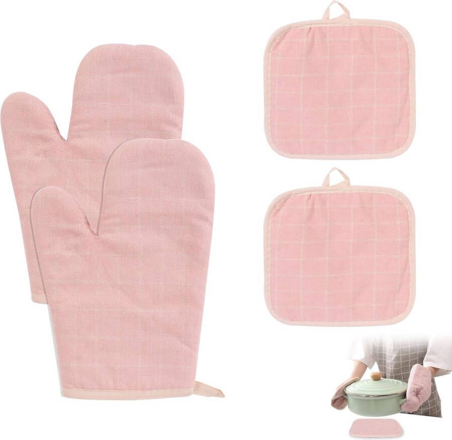 Pannenlappen set van 4 hittebestendig antislip pannenlappen handschoenenset vintage verdikte ovenhandschoenen hittebestendig katoen roze voor keuken koken bakken