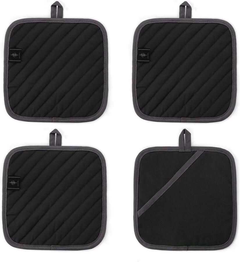 Pannenlappen van 20 cm antislip duurzaam hittebestendig voor het koken bakken keukengerei zwart 4 stuks