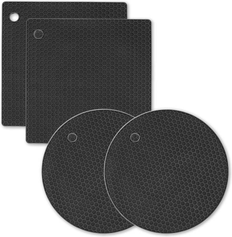 Pannenonderzetters set van 4 stuks siliconen pannenlappen voor de keuken vaatwasmachinebestendig hittebestendig zwart vierkant rond