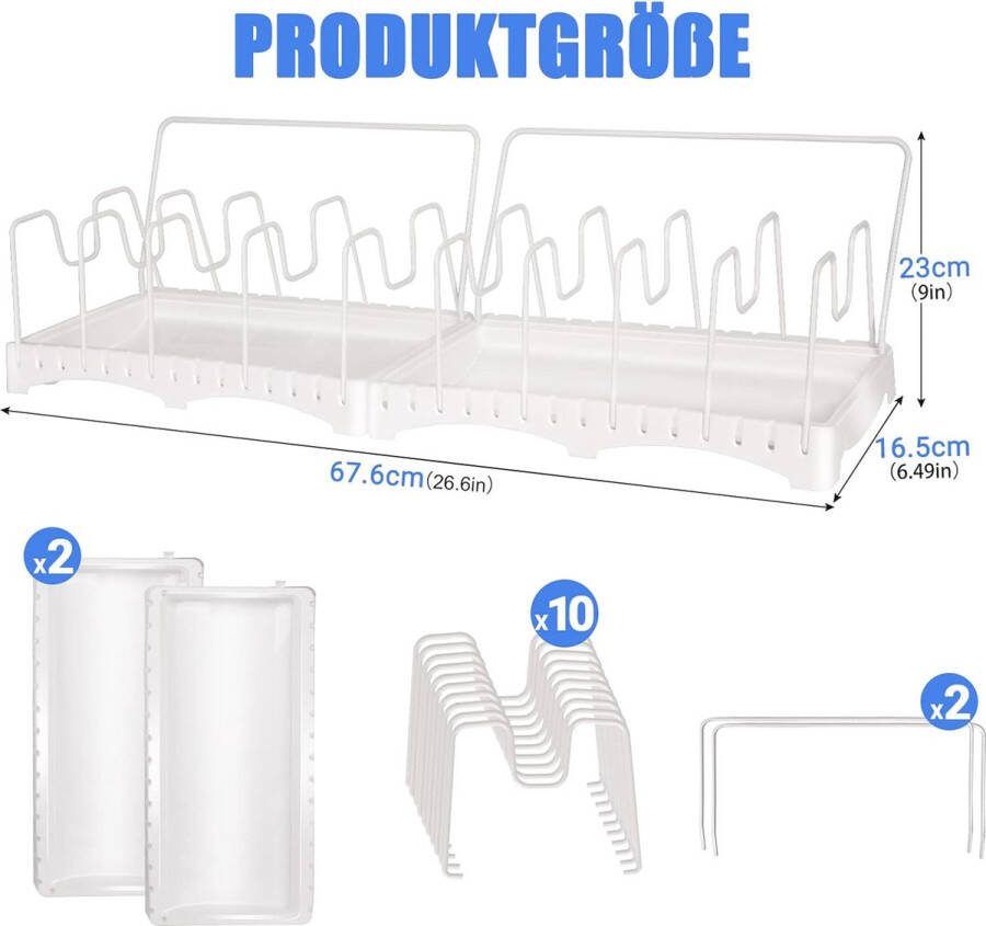 Pannenorganizer uitbreidbare pannendekselhouder als pannendeksel opslag met 10 verstelbare verdelers pannenhouder voor lade borden pot en deksel dekselhouder lade wit