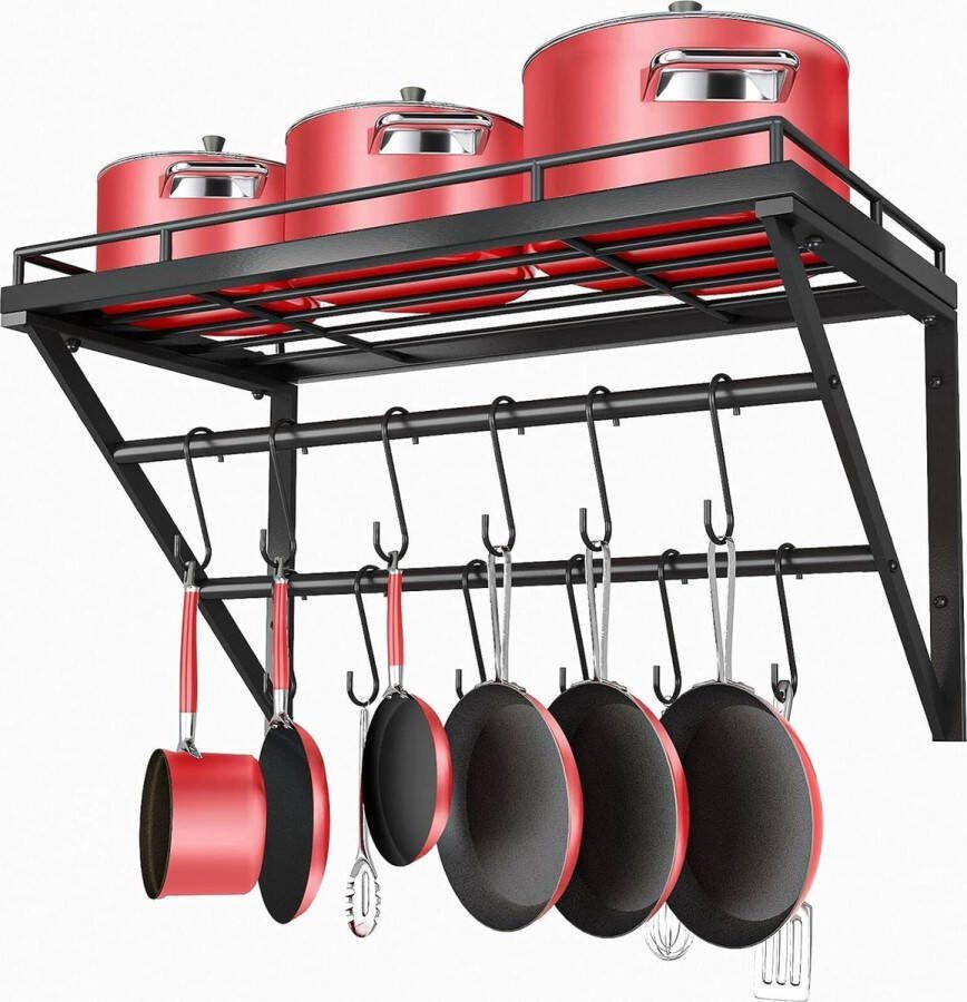 Pannenrek Pannenrekken 60cm Metalen Wandmontage Pannenplank Keukenrek Organizer met 2 Rails 12 Haken