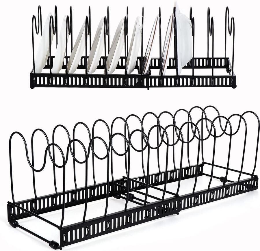 Pannenrek Potten en pannenorganizer pan-organizer voor kast uitbreidbare pannenhouder met 12 verstelbare verdelers voor potten en pannen (zwart)