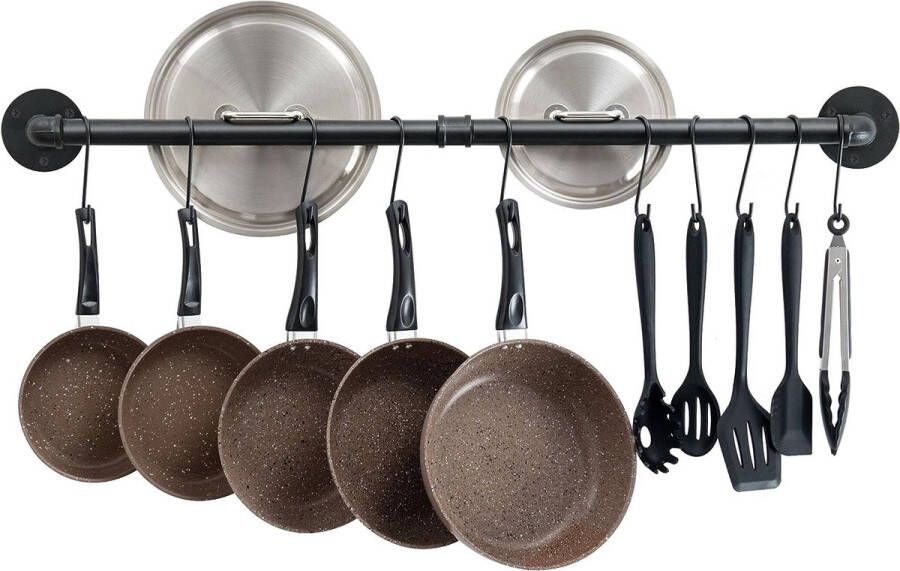 Pannenrekken 100cm Metalen Wandmontage Pannenplank Keukenrek Organizer met 14 Haken Zwart