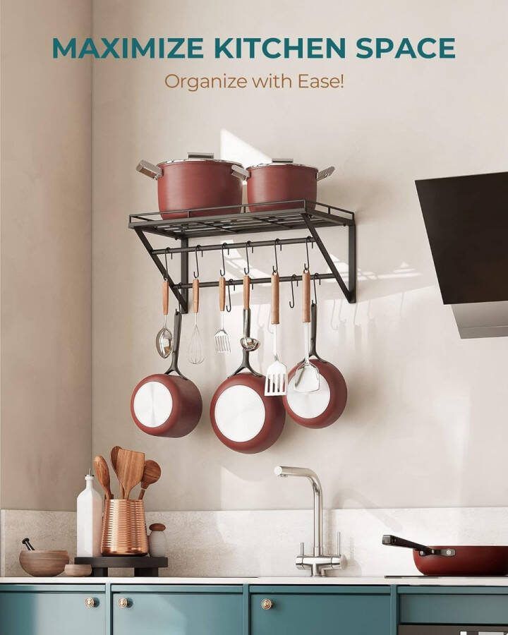 Pannenrekken 60cm Metalen Wandmontage Pannenplank Keukenrek Organizer met 2 Rails 12 Haken
