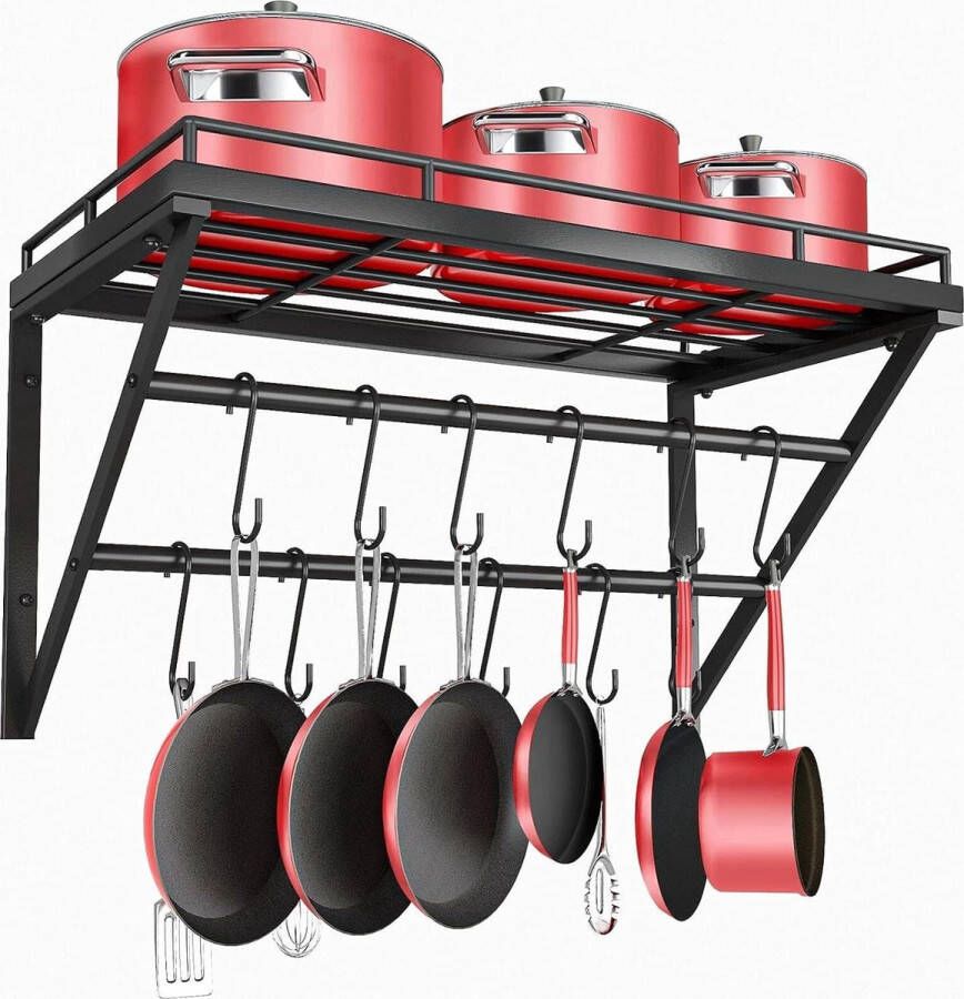 Pannenrekken 60cm Metalen Wandmontage Pannenplank Keukenrek Organizer met 2 Rails en 12 Haken OROPY