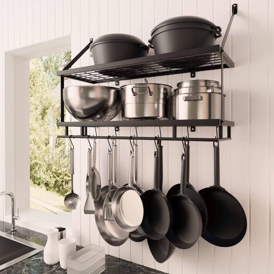 Pannenrekken Potten- en pannenrek voor keuken 76 cm hangrek voor wandmontage 2 niveaus pottenrek met 12 haken voor keukenopslag en organisatie matzwart KUR215S75B-BK