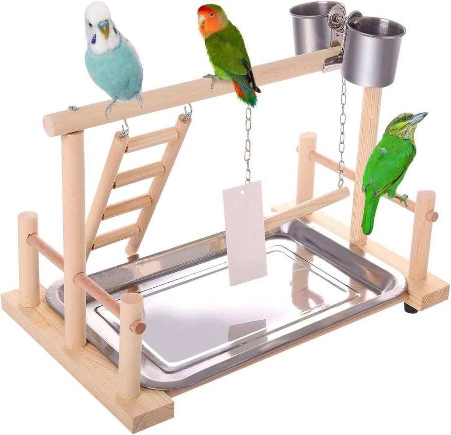 Papegaai Speelstandaard met Zitstok en Voerbeker Houten Gym Box Ladder Schommelbak Oefenspeelgoed Kooiaccessoires voor Valkparkiet Parkieten
