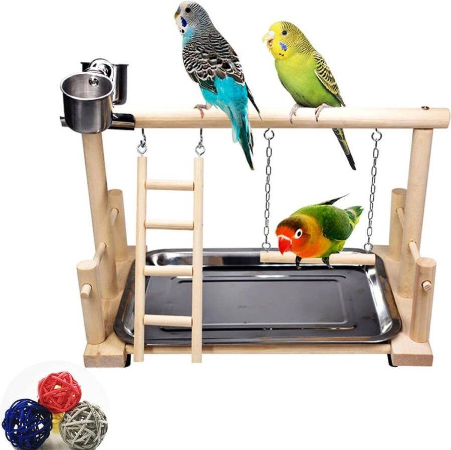Papegaaienspeelstandaard met houten ladder Vogelspeelgoed met schommel Roestvrijstalen voerbekers Oefenspeelgoed voor kauwspeelgoed