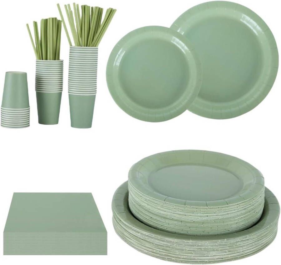 Papieren borden servetten kopjes set 250 stuks saliegroen feestservies Groene feestbenodigdheden Inclusief 9 bord 7 dessertbord rietjes Voor 50 personen Bordenset