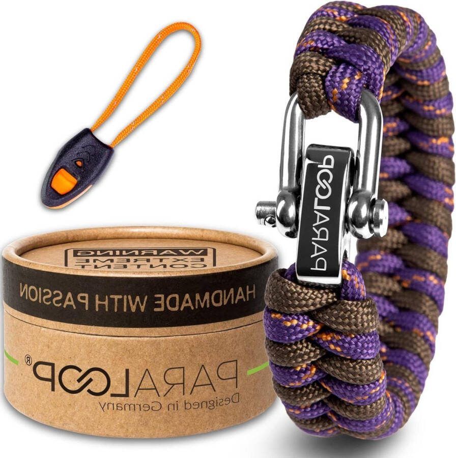 Paracord armband vrouwen handgemaakt met signaalfluitje paars grijs roestvrij stalen sluiting