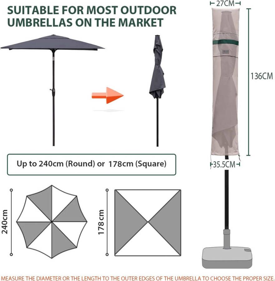 Parasol beschermhoes met staaf afdekhoezen voor 200 cm 200 × 150 cm 200 × 125 cm tuinscherm afdekking voor balkonscherm 100% polyester waterdicht kaki