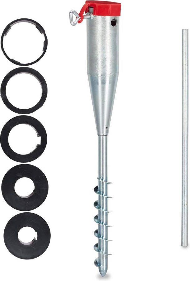 Parasol grondboor 25-55 mm parasolstandaard grondplug universeel 5 adapters verzinkt staal zilverkleurig