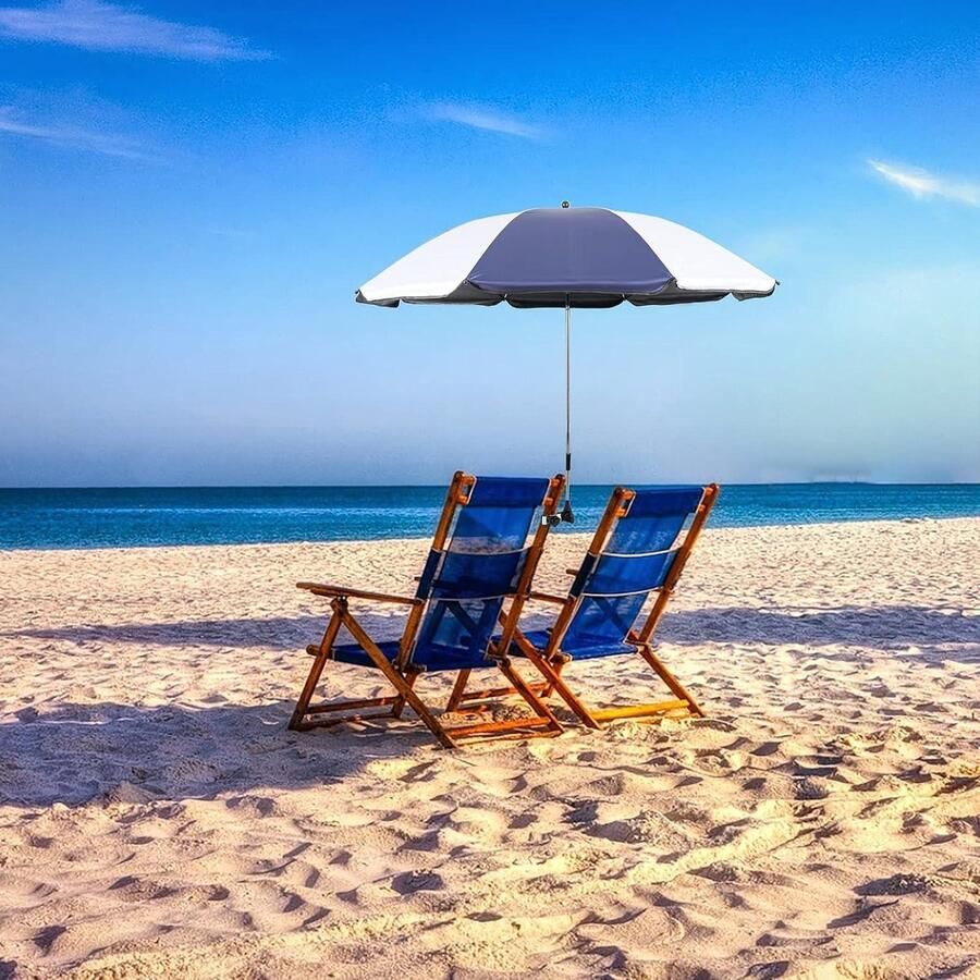 Parasol met verstelbare klem UPF 50+ terrasstoel strandstoel rolstoel golfkar wit blauw