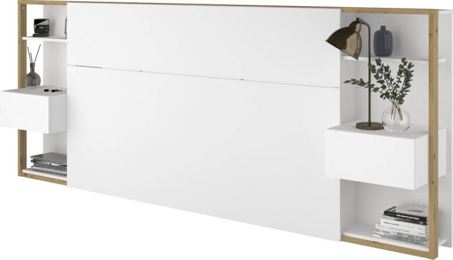PARISOT Hoofdeinde met planken + nachtkastjes Artisanaal eiken en wit decor L 255 x D 36 x H 103 cm WIT