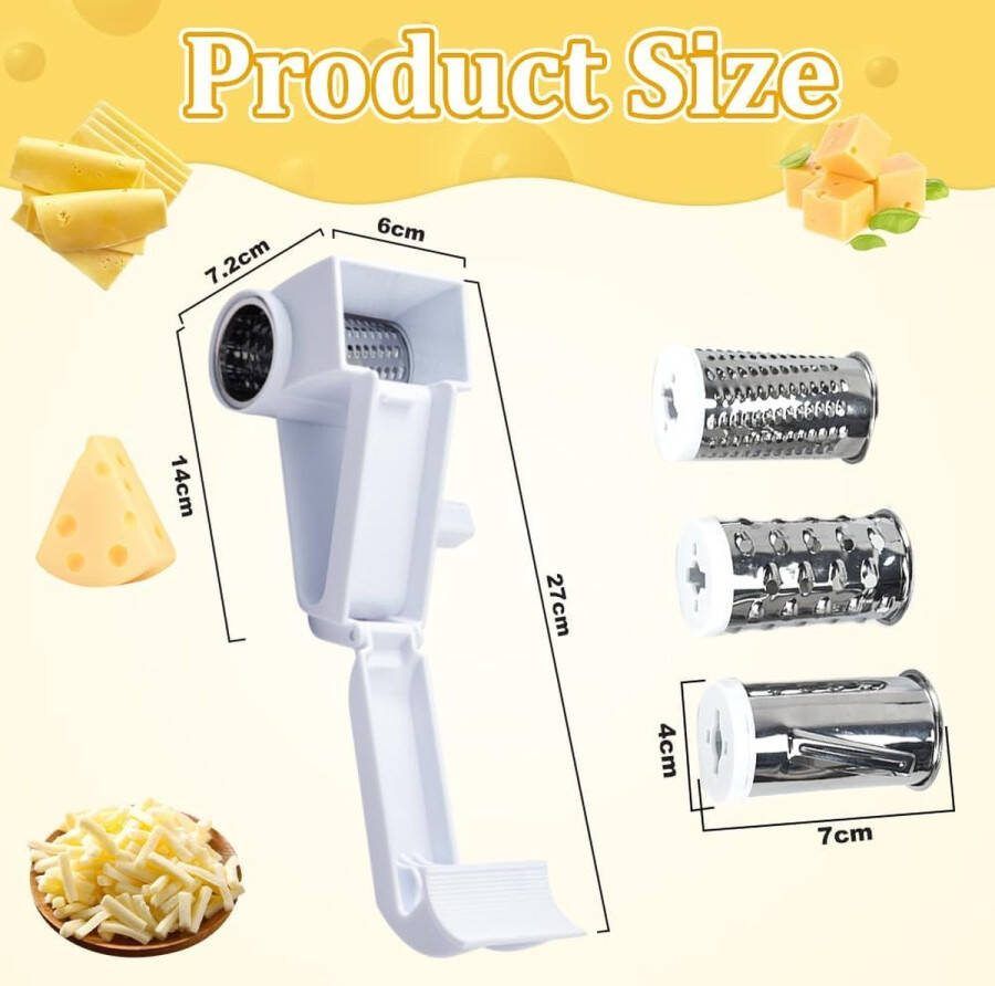 Parmezaanse rasp Crank Kaasrasp Trommelrasp Parmezaanse kaasmolen Kaasrasp met 3 roestvrijstalen fijne trommel Keukenrasp Kaasmolen Kaasrasp Roterende kaasrasp voor kaas Groenten Fruit (14 x 6 x 7 2 cm)