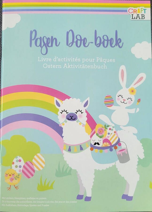 Pasen Doe-boek Aktiviteitenboek met Kleurplaten Spelletjes Stickers en puzzels lama paashaas paas kleurboek