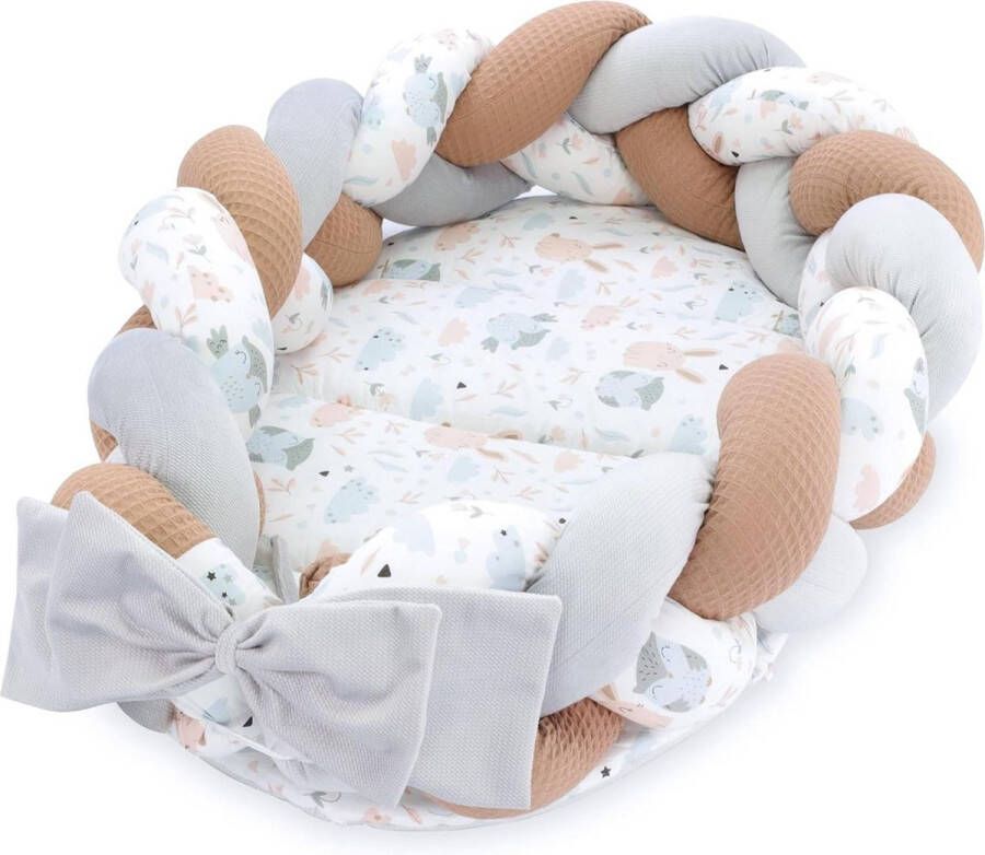 Pasgeboren babynest 75 x 45 cm knuffelnest met gevlochten kussen inklapbare set tweezijdig babynest babybed Velvet Eulen
