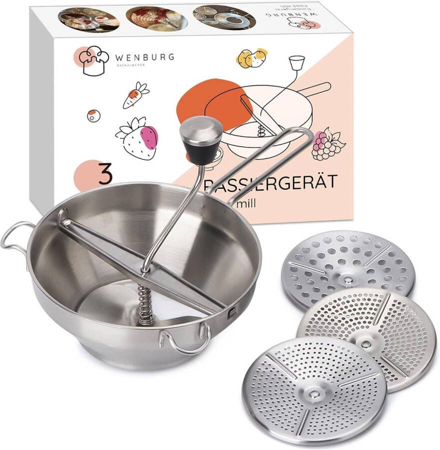 Passeerapparaat passiemolen van roestvrij staal incl. 3 zeefinzetstukken. Vaatwasmachinebestendig. Passeerzeef voor het passeren van fruit groenten (19 5 cm)