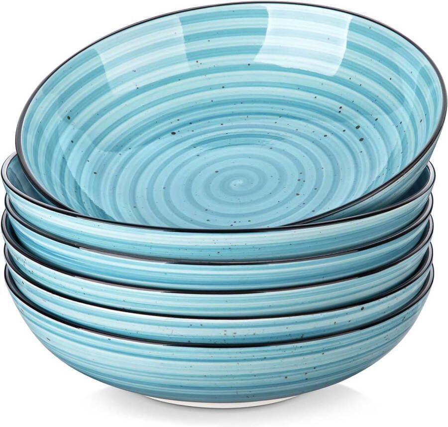 Pastakommen set van 6 Keramische slakommen Brede en ondiepe kommen Grote soepkommen Blauw