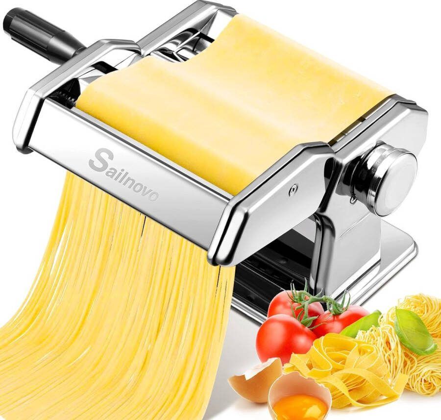 Pastamachine 180 gemaakt van aluminiumlegering met 9 instelbare dikte-instellingen en 2 snijders. Handmatige pastamachine voor spaghetti fettuccini en lasagne