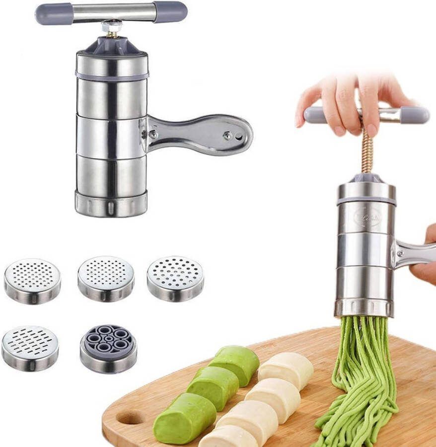 Pastamachine handmatige pastamachine van roestvrij staal draagbare pastamachine spaghettimachine met 5 pastavormen de pastamachine voor verse pasta voor thuis of in het restaurant 18 x 13 5 x 9 cm (5 x vormen)
