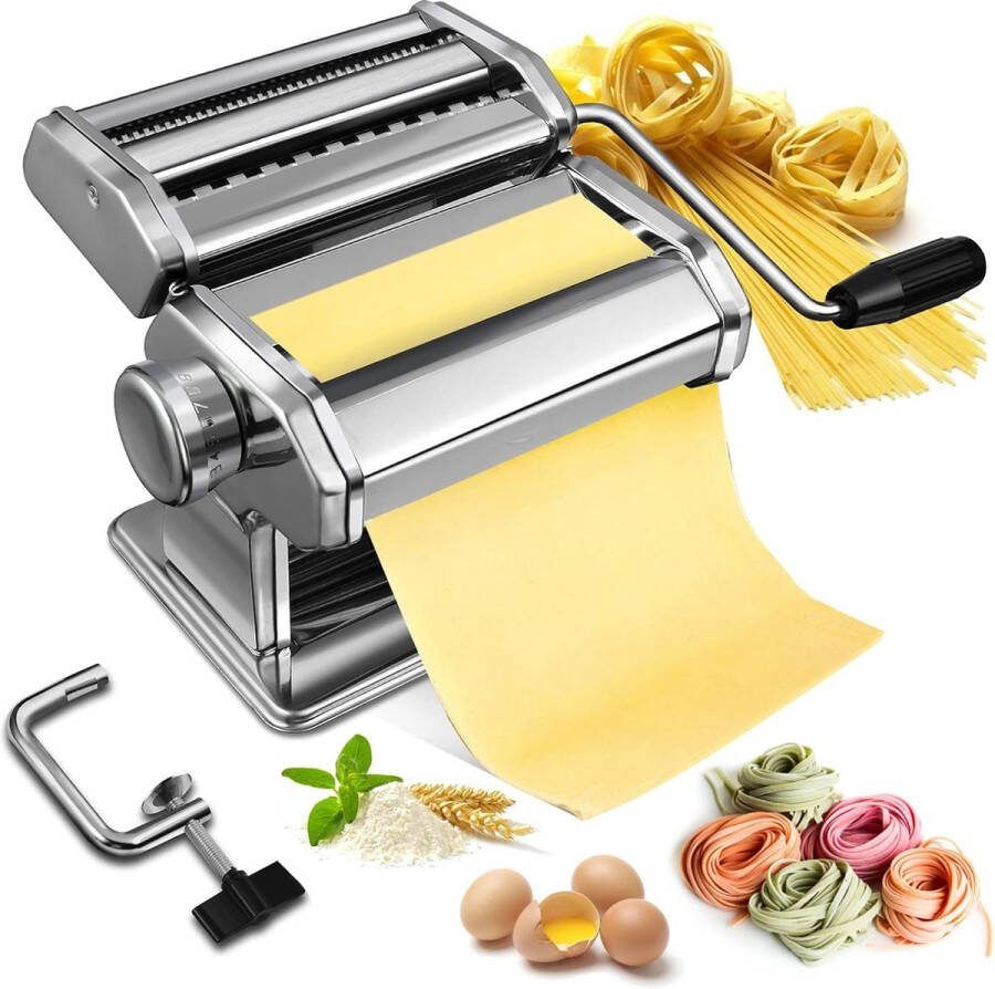Pastamachine handmatige pastamaker roestvrij staal met 2 verschillende pastarollen voor verse spaghetti pasta lasagne eenvoudige reiniging en gebruik met klem