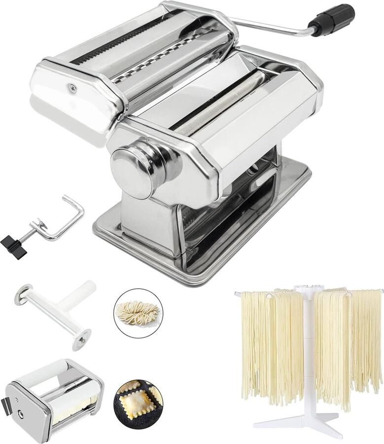Pastamachine set van 6 150 mm stalen pastamachine met 9 instelbare dikte-instellingen inclusief raviolimakeropzetstuk pastadroger