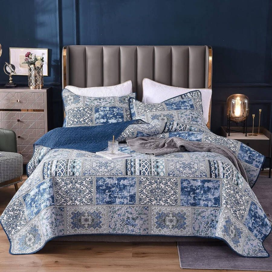 Patchwork 220 x 240 cm blauwe bedsprei voor tweepersoonsbed vintage stijl gewatteerde zomerdeken met kussenset van katoen en polyester shabby chic