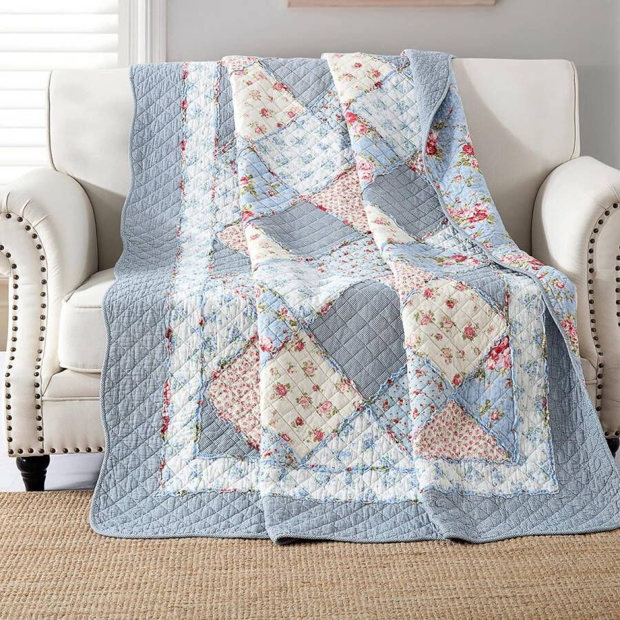 Patchwork deken sprei katoen 140 x 200 cm gewatteerde dubbelzijdige deken blauw bedsprei 150 x 200 cm voor eenpersoonsbed kleine bankdeken in landhuisstijl met bloemmotief
